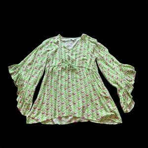 Escapada Green and Pink whale Patterned flowy bell sleeve Blouse